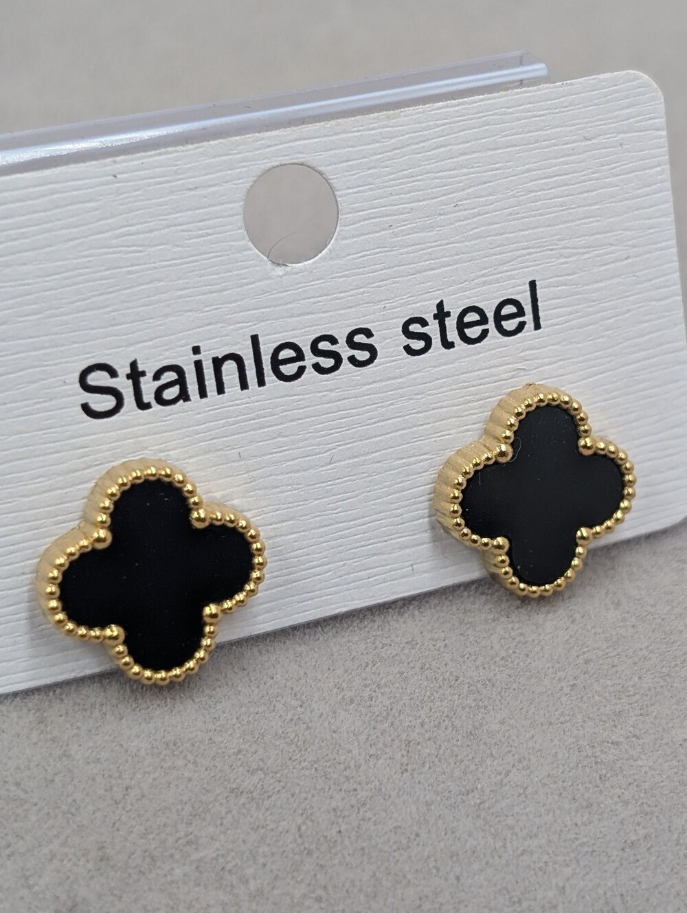 Gold & Black Clover Stainless Steel Stud Earrings